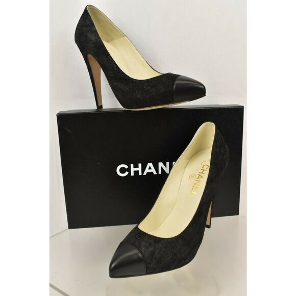 NIB CHANEL BLACK G28778 SHIMMER SUEDE CC LOGO POINTY CAP TOE CLASSIC PUMPS 37.5 - Picture 9 of 12